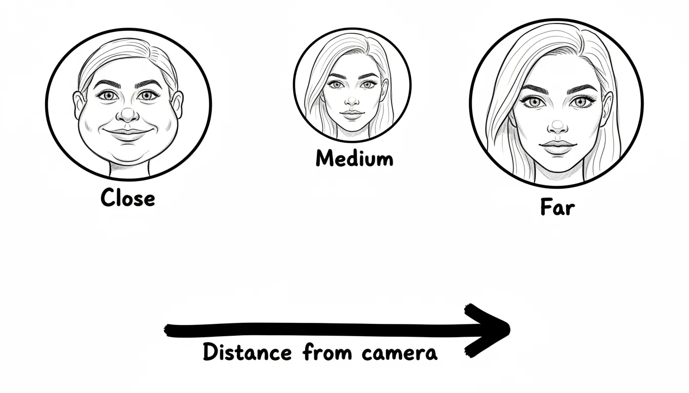 Diagram showing how camera distance affects facial proportions - close-up shots distort features while distant shots provide balanced proportions